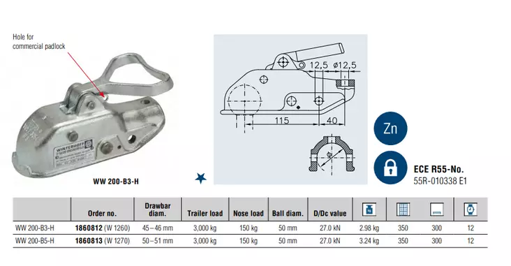 Kuulakytkin WW 3000kg 45-46mm putkelle pultit vaaka/pysty - Winterhoff - 23811 - 1